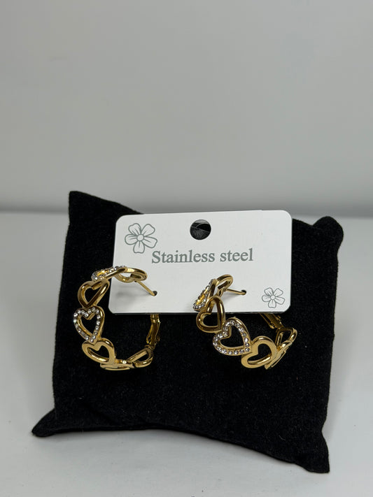 Medium hoop earrings with hearts and rhinestones